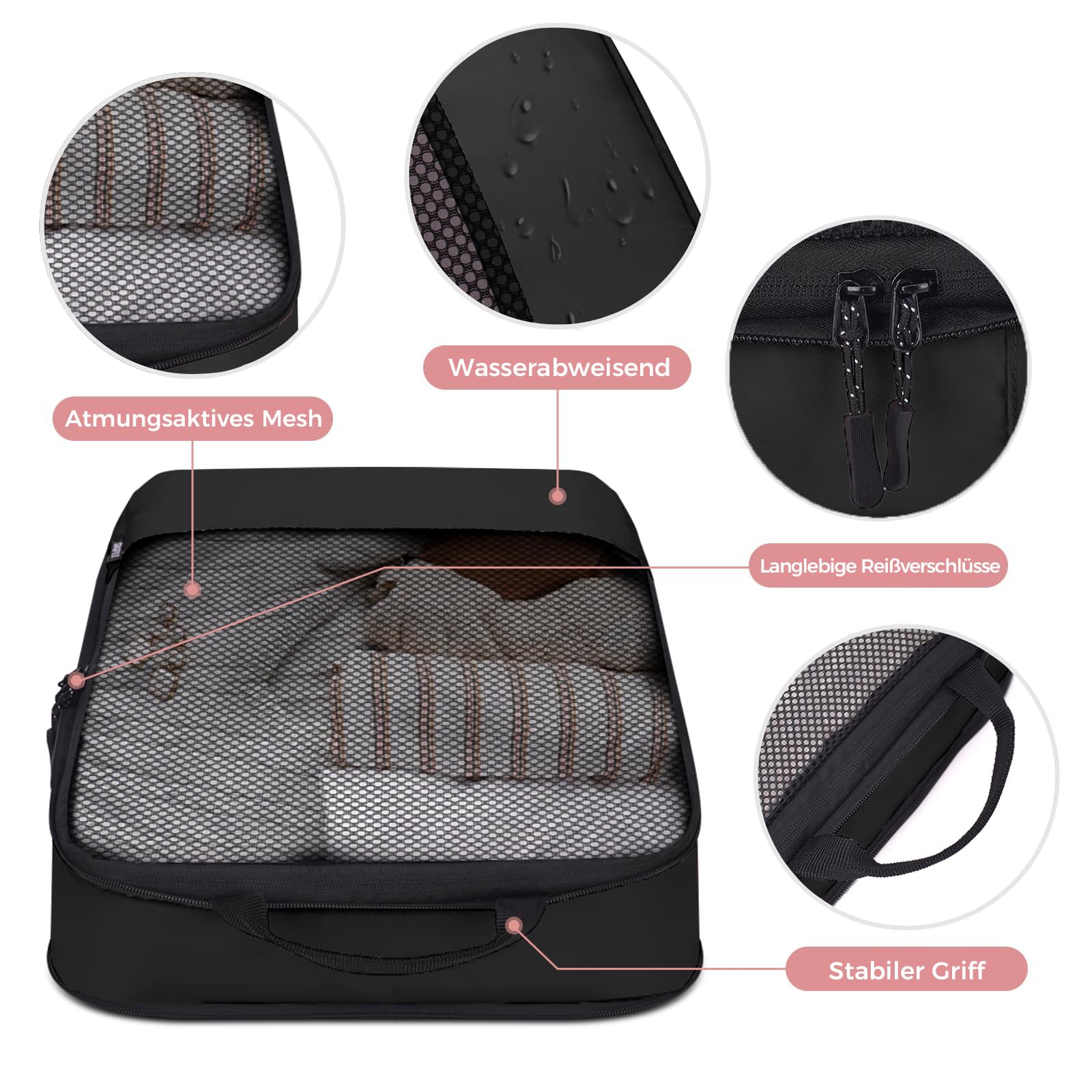 BAGLHER Packwürfel Kompression für die Reise - Extrem platzsparender Koffer-Organizer-Set, wasserdichte Packtaschen, Schwarz