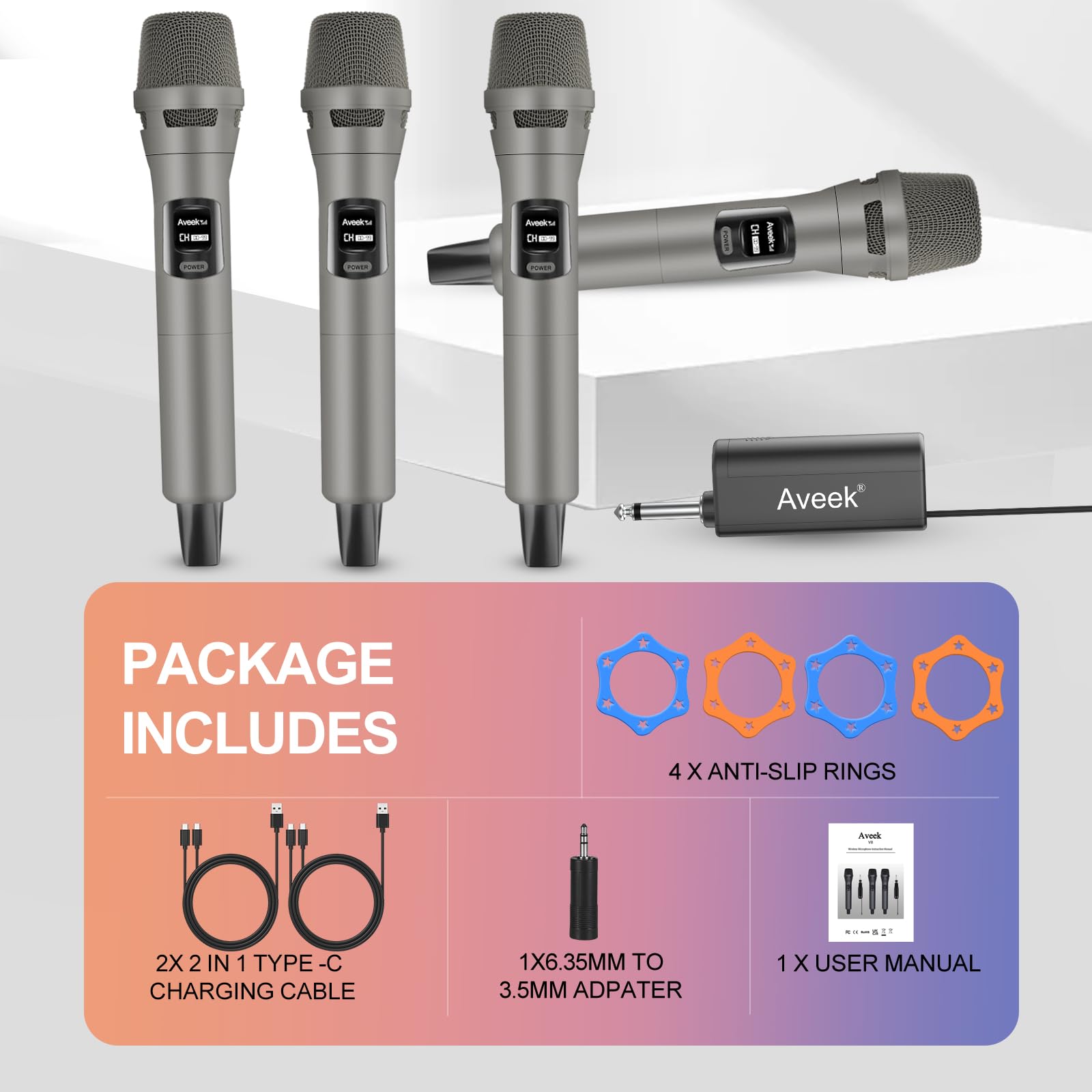 Aveek Micro sans Fil 4 micros Professionnels 2,4 GHz Rechargeable avec récepteur Portée 30m Karaoké Chant Fêtes