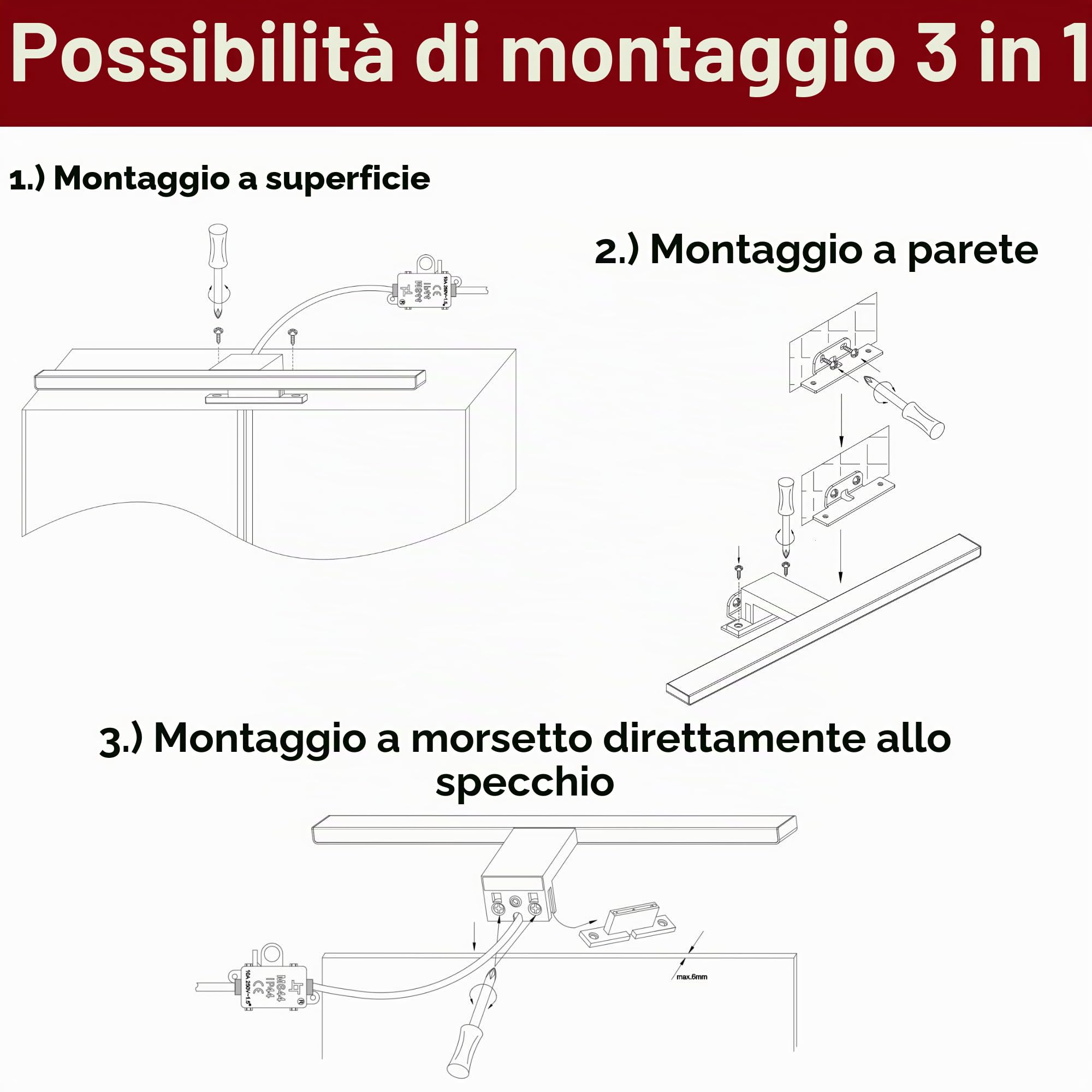 Lampada da bagno a LED colore nero 600 mm Lampada da specchio Luce per specchio Lampada a sospensione, colore della luce: bianco neutro