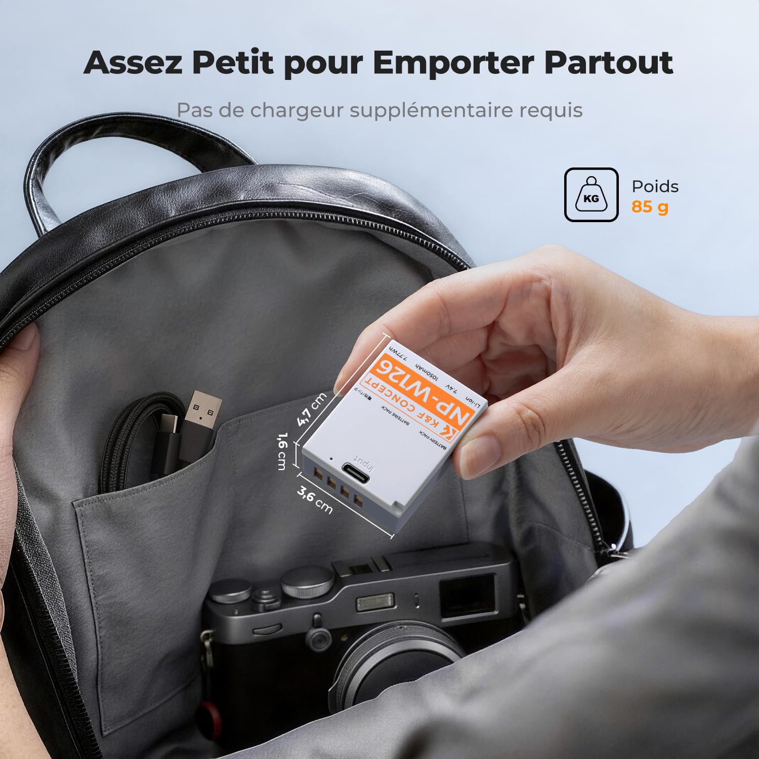 K&F CONCEPT NP-W126 NP-W126S Batterie et USB C Chargement Rapide Compatibles avec Fujifilm XM5, X100VI, X100V, XS10, XT30, XT30 II, XT20, XE4, XE5, A5,X Half(HF1)
