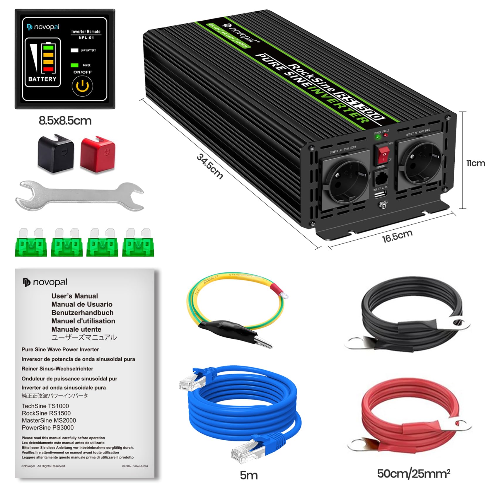 NOVOPAL Convertisseur Pur Sinus 1500W-DC 12V à AC 220V/230V Onduleur-2 Prise EU de Courant Alternatif et 1 Port USB-télécommande avec INCL. 5 mètres-Puissance de Pointe 3000W transformateur de tension