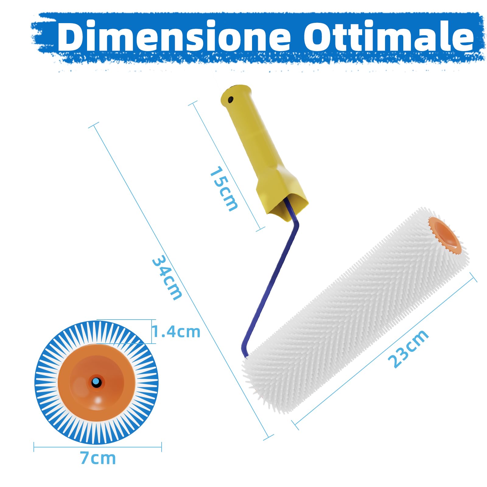 VKE Rullo Frangibolle per Autolivellante 23 cm - Lunghezza Chiodi 14 mm, Rullo di Sfiato, 2 Rullo Pittura 23 cm, Asta Telescopica 1,5 m, Scarpe Chiodate per Prato 30 mm,Autolivellante-Solo 1 Maniglia