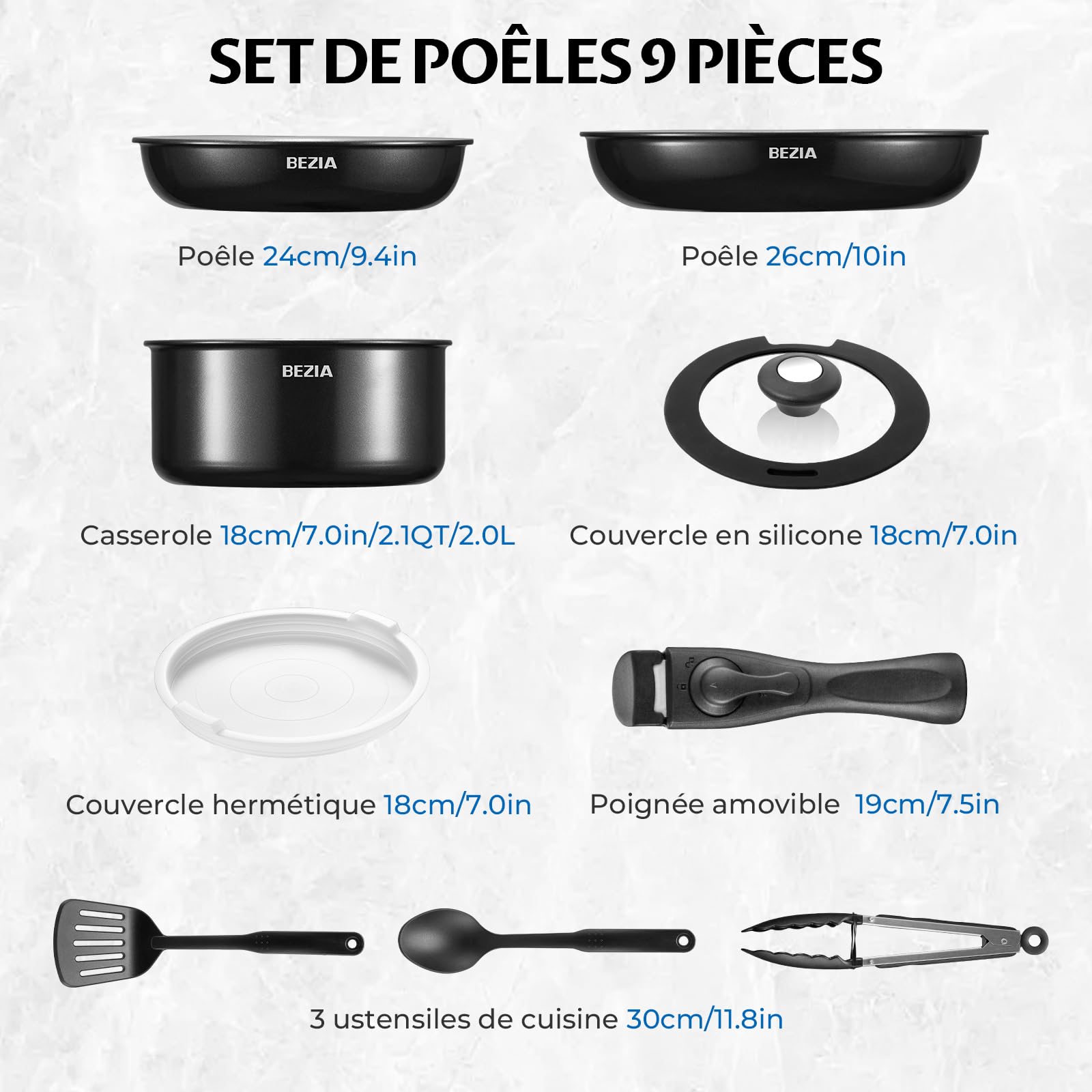 BEZIA Poêle en céramique avec poignée amovible – Set de 9 casseroles à induction antiadhésives avec couvercle, pour tous les types de cuisinières, casseroles empilables, passent au four et au