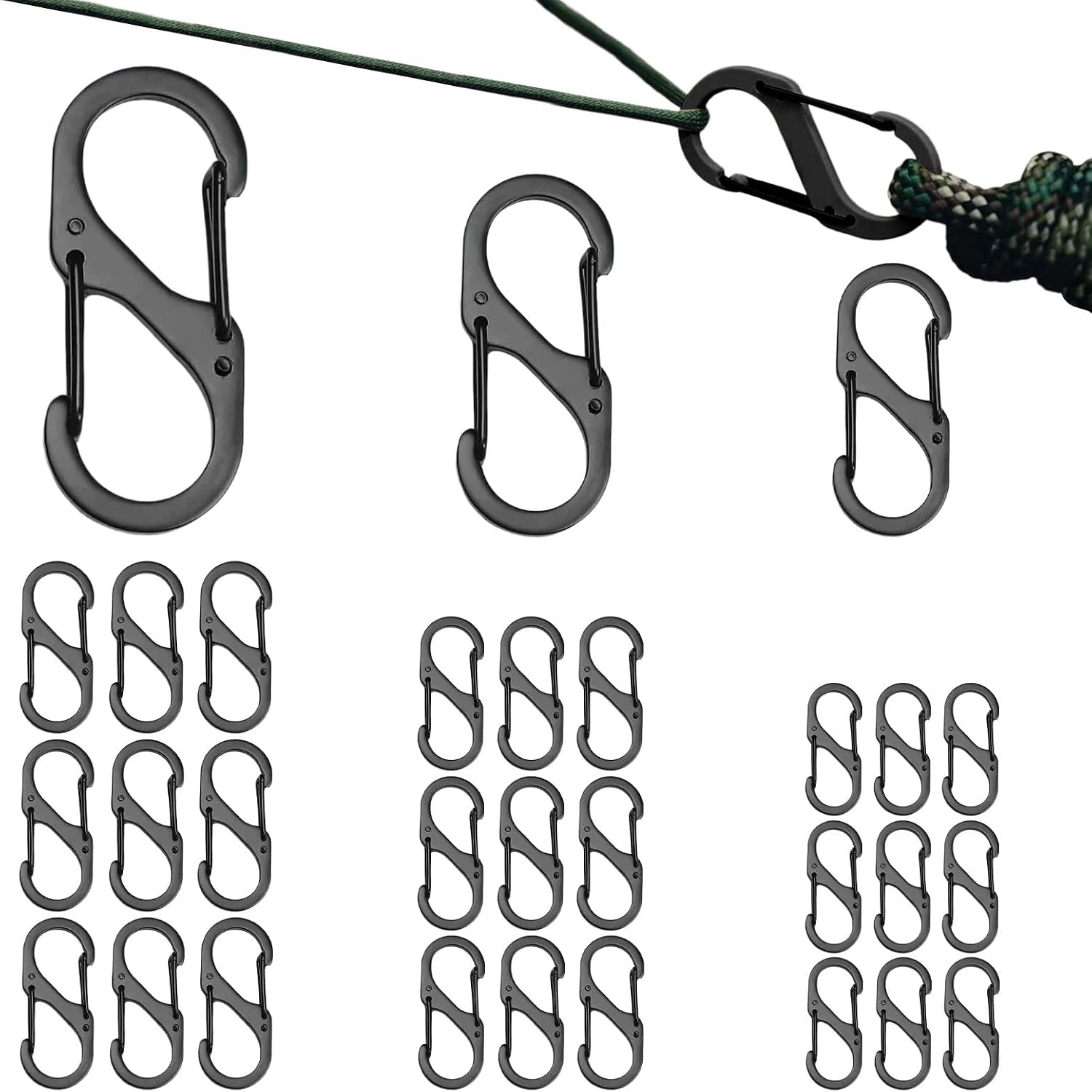 Pack of 30 S Carabiners Mini Carabiner Hooks with Double Spring Opening Key Ring for Household Outdoor Hiking Fishing Hiking Camping 50 mm/40 mm/32 mm