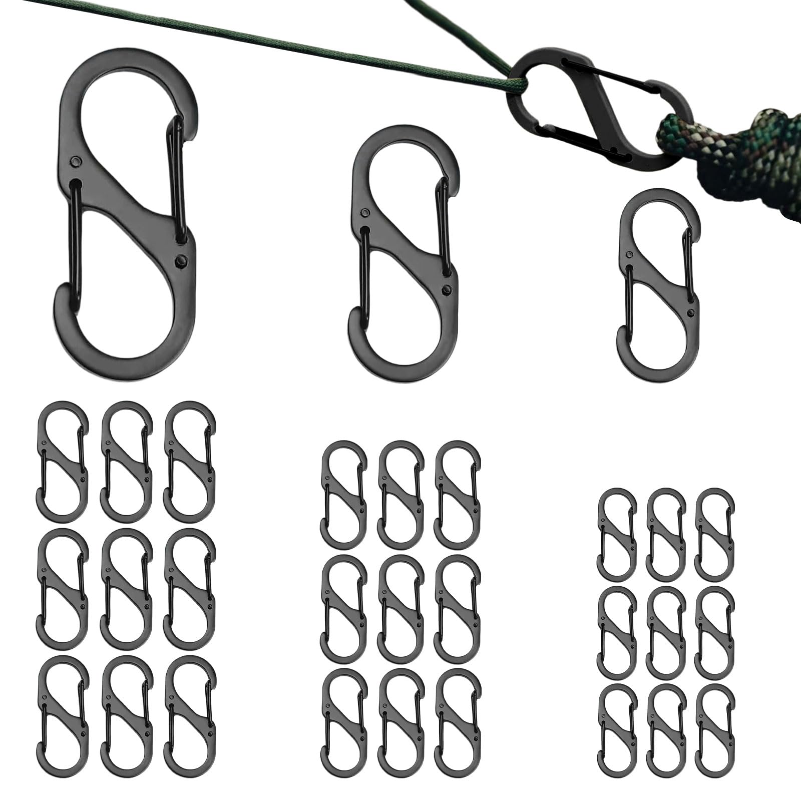 30 Pcs S Small Carabiner Keyring Clip, Opening Keychain Clip with Secure Lock, S Shaped Keychain Hooks for Home Outdoor Hiking Camping Fishing Travel 3 Sizes