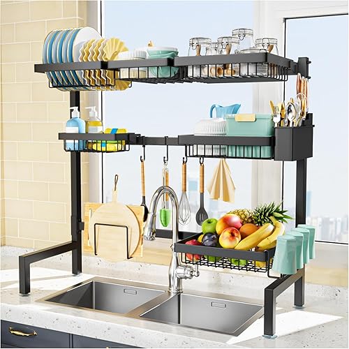 YKLSLH 3 Tiers 6 Baskets Over The Sink Dish Drying Rack Extendable (24.8 "-35.4"), Large Dish Drying Rack, Kitchen Cutlery Drainer Metal Storage Counter Rack