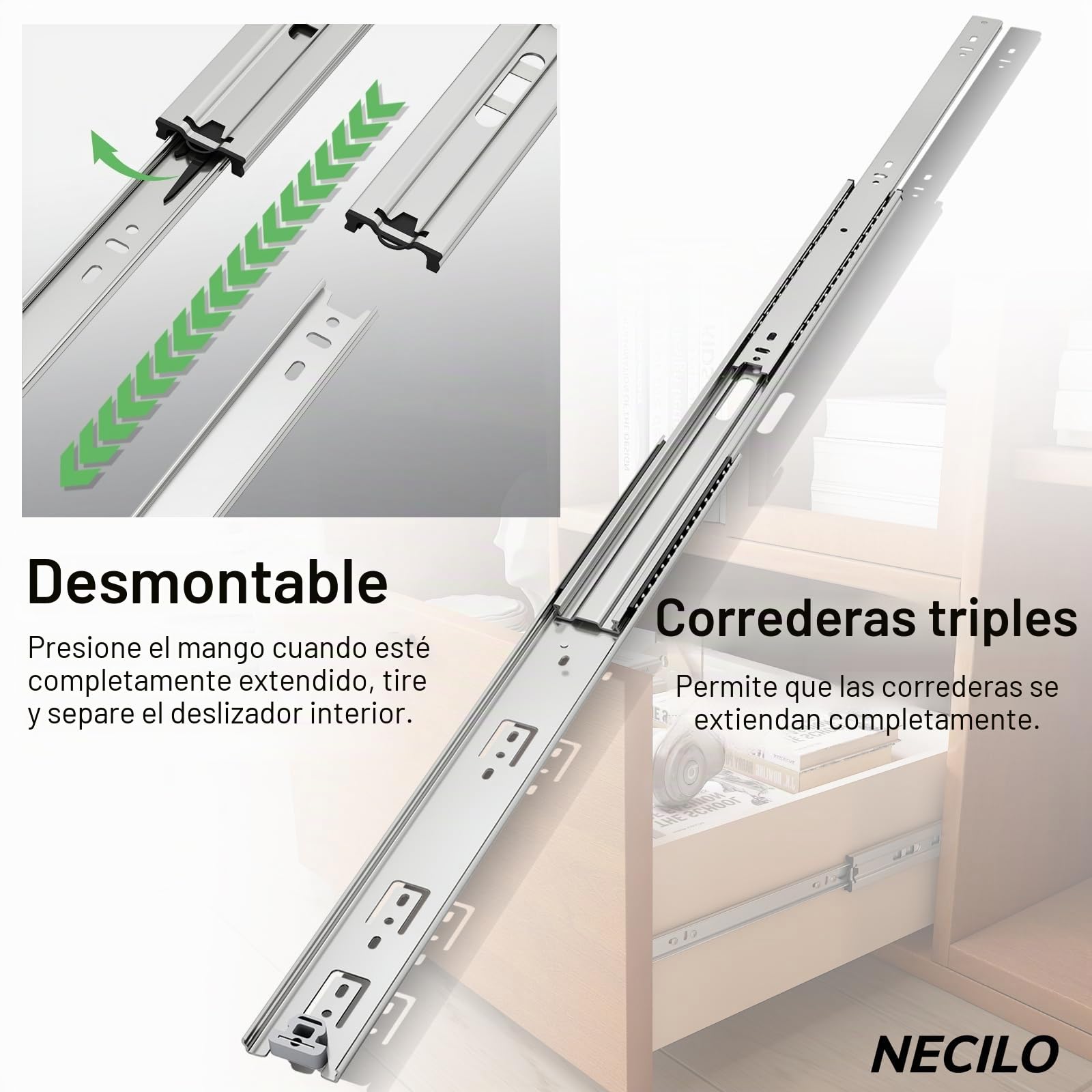 NECILO Guías para Cajones de Alta Resistencia,800 mm,con Capacidad de Carga de 50 kg,Extensión Total con Rodamiento de Bolas,Guías para Cajones de Montaje Lateral,1 Par | Extracción completa con rodamiento de bolas, capacidad de carga de 68 kg, cajones de