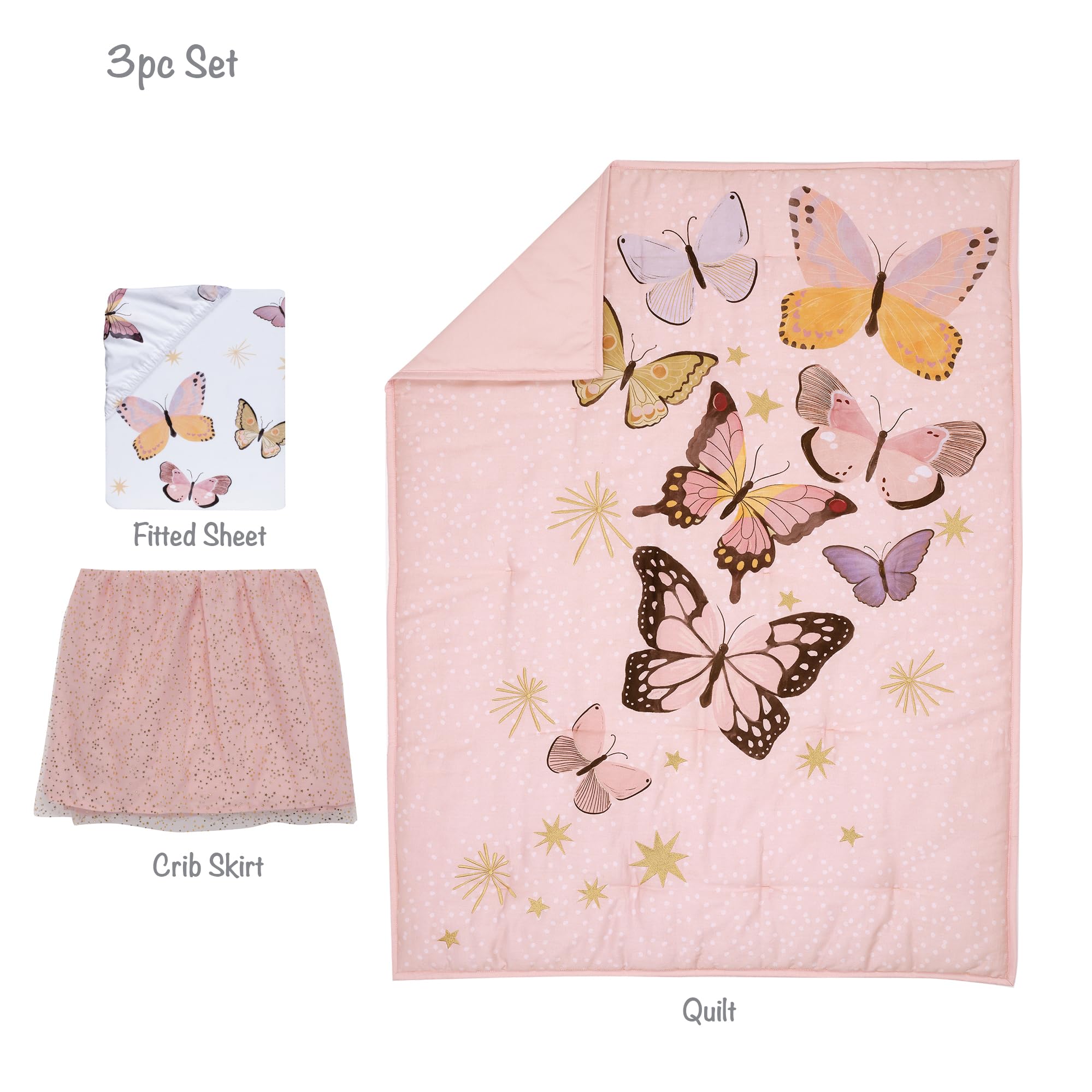 Lambs & Ivy Butterfly Dreams - Juego de ropa de cama de 3 piezas para cuna de bebé, color rosa y dorado