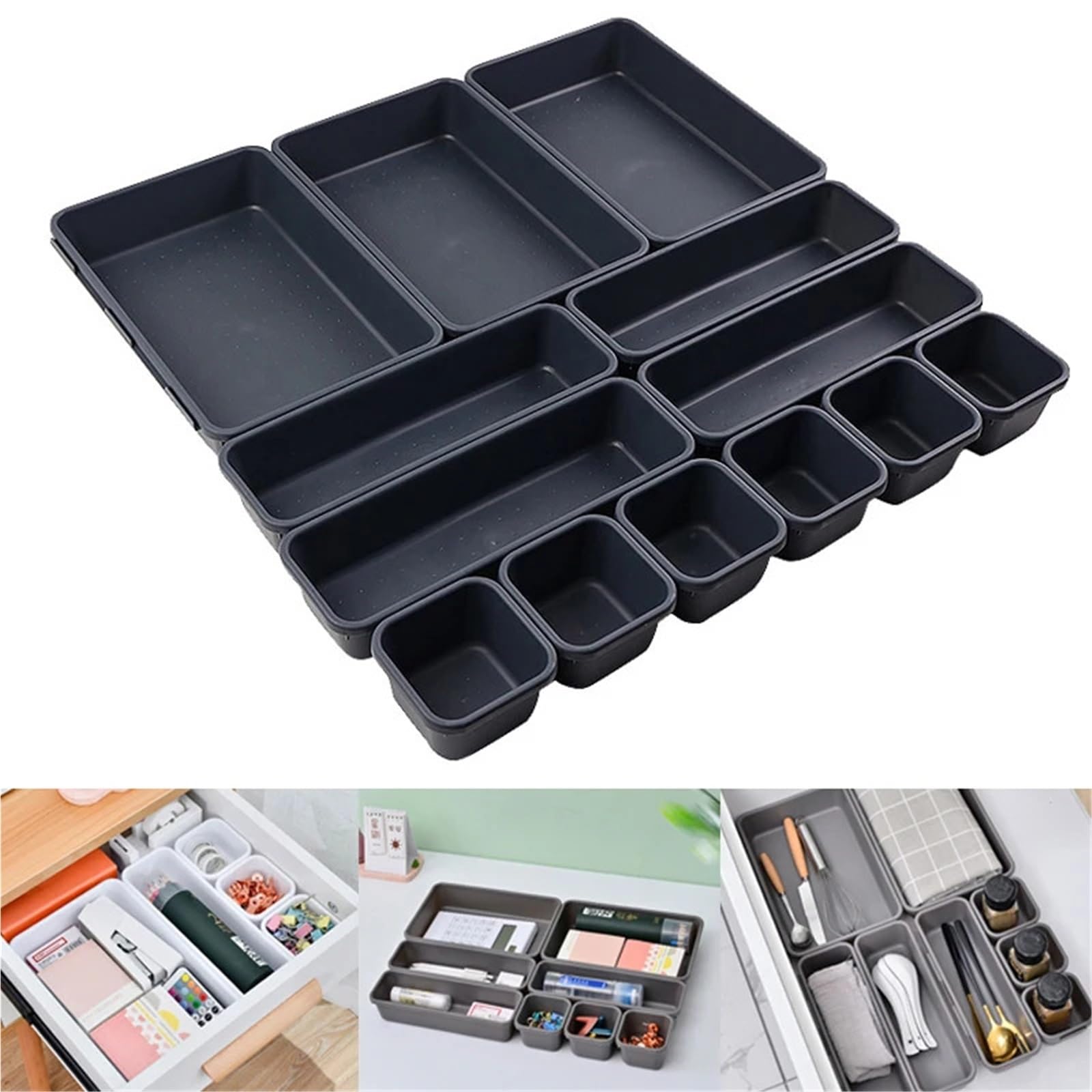 13 pezzi di organizer for cassetti, separatori for ufficio, scrivania, cancelleria, scatole portaoggetti for cucina, bagno e trucco Per Cassetti(Light gray)