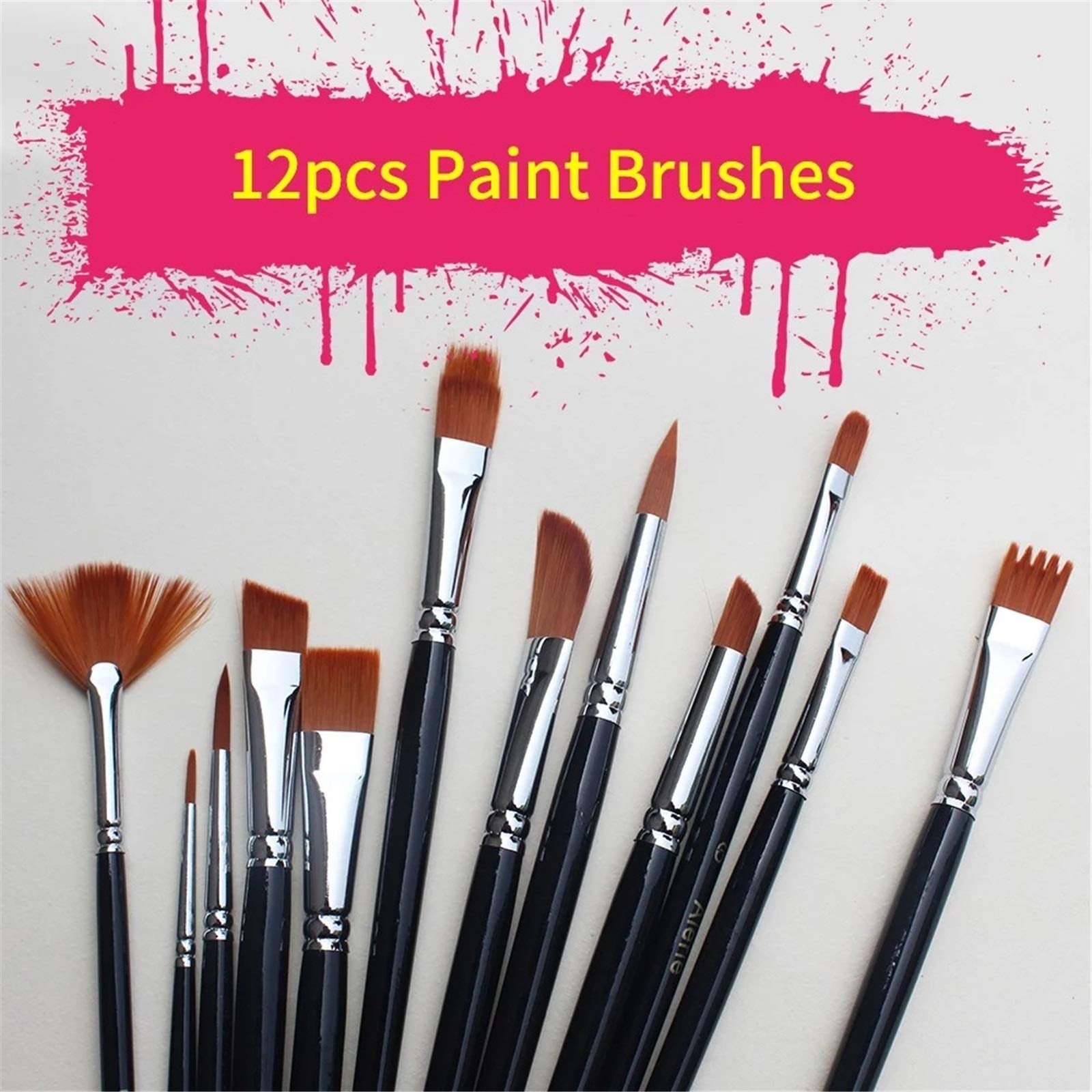 Pinsel-Set, 12-teilig, verschiedene Größen, Nylonhaar, Holzgriff, professioneller Künstlerpinsel für Acryl, Öl, Aquarell (Schwarz, Einheitsgröße)