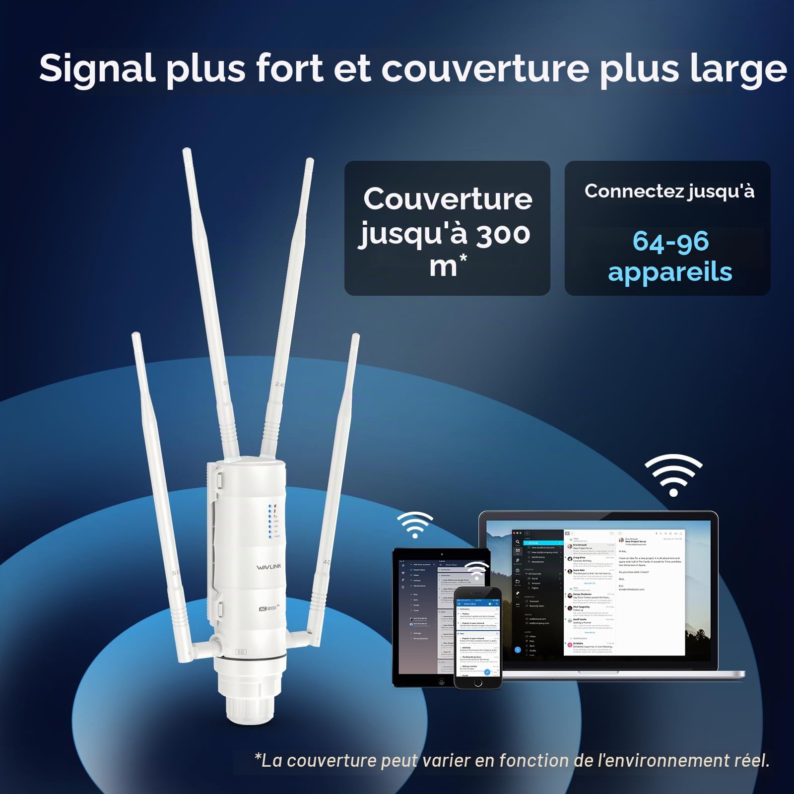 Répéteur WiFi Extérieur Puissant Wavlink AC1200-4G LTE Double Bande Haute Puissance avec Antenne Longue Portée et Slot Carte SIM - Amplificateur Outdoor PoE pour Couverture Étendue