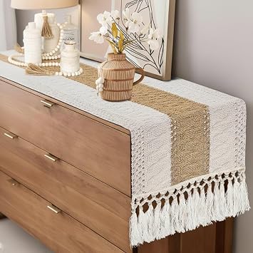 Boho Table Runner for Thanksgiving Fall Christmas Home Decor with Tassels 36 Inches Long Pottery barn Furniture Farmhouse Rustic Macrame Burlap Table Decoration for Living Room 12x36in