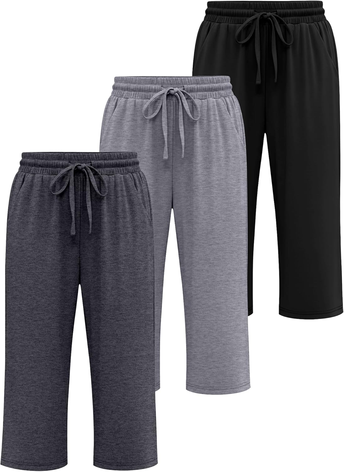 Huukeay 3 Pack Women's Capri Pants, Drawstring Lounge Capris Wide Leg Cropped Pants with Pockets Workout Yoga Joggers - Image 3
