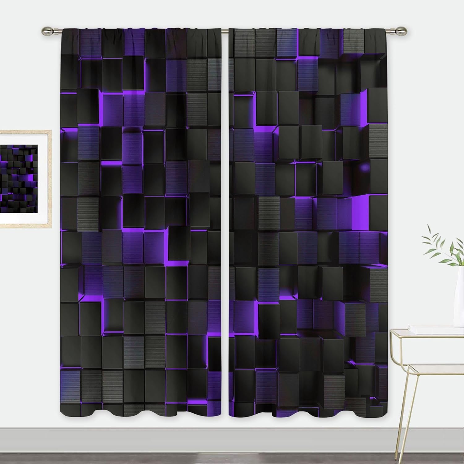 MESHELLY Abstract Black Purple Curtains 52Wx84H Inch Rod Pocket Modern 3D Gradient Design Futuristic Geometric Cubes Bedroom Window Drapes Man Boys Minimalist Printed Living Room Window Treatment