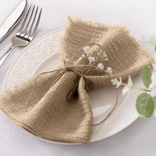Miniatura 2 de Socomi Servilletas de tela hechas a mano con flecos, juego de 12 servilletas de lino de algodón caramelo de 18 x 18 pulgadas, servilletas rústicas a