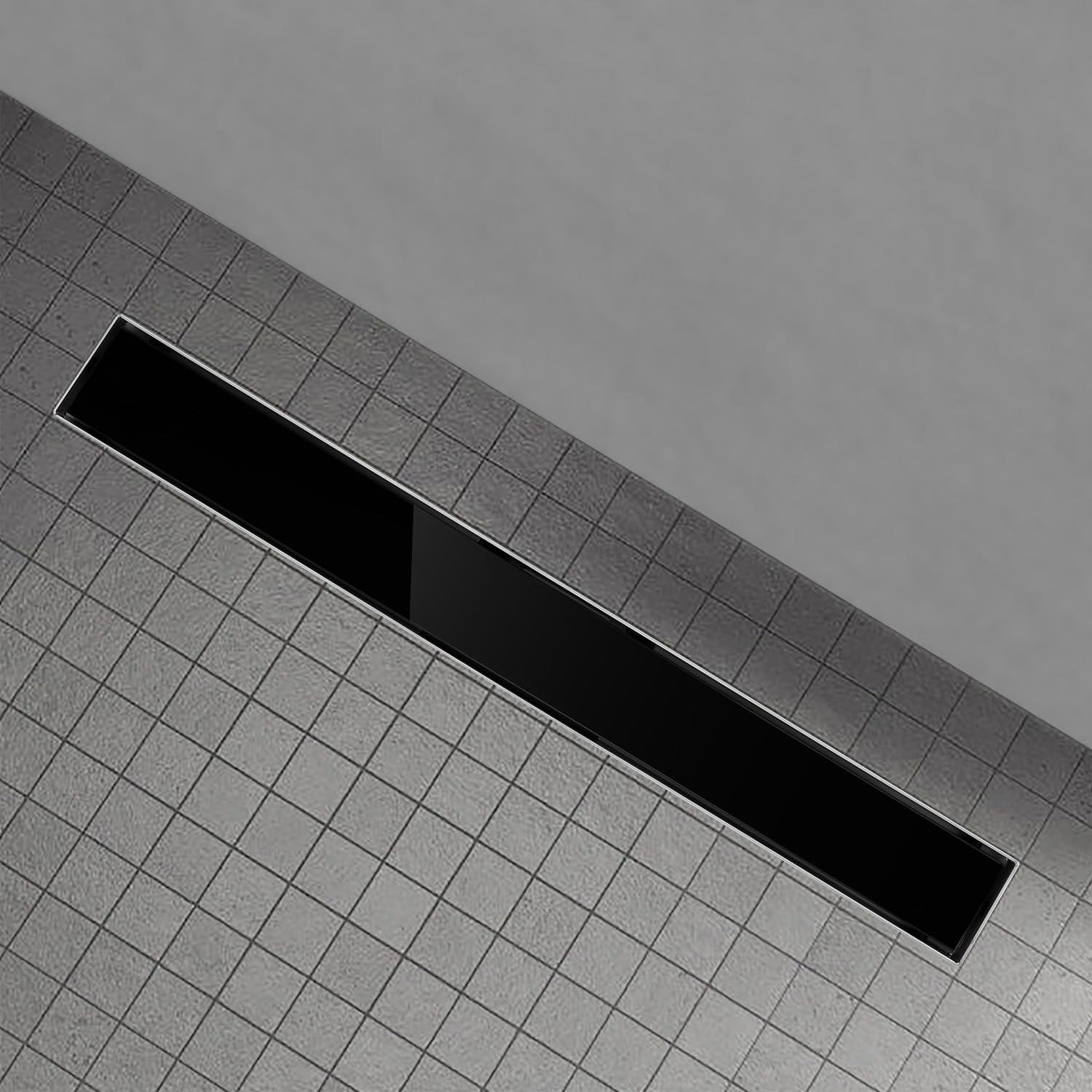 DUKA Caniveau de douche L.80 cm verre noir inox avec siphon 360°, drainage performant
