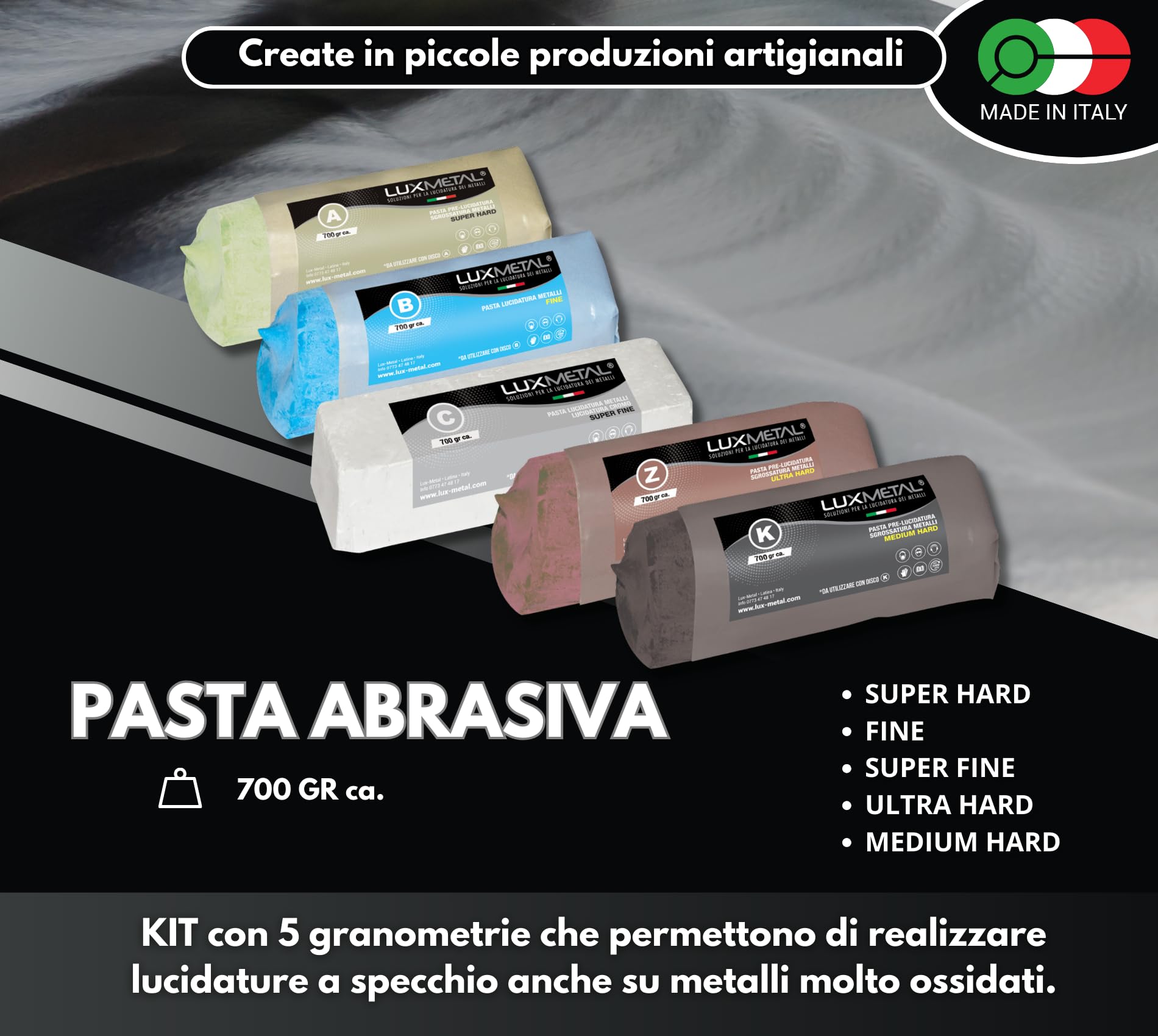 Lux Metal - Kit 5 Disco Lucidante 300 mm e 5 Pasta Abrasiva Lucidante 700 gr - Per Alluminio, Ferro, Acciaio Inox, Bronzo, Marmo - Ruota Lucidatura Metalli Mola Smerigliatrice Feltro
