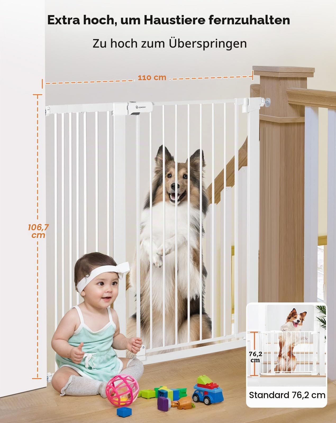 COMOMY 107 cm Extra Hoch Türschutzgitter, 75-110 cm Breit Treppenschutzgitter ohne Bohren, Türgitter für Baby, Kinder, Hund und Katze, Metall, Automatisches Schließen, 90°Stop (Weiß)