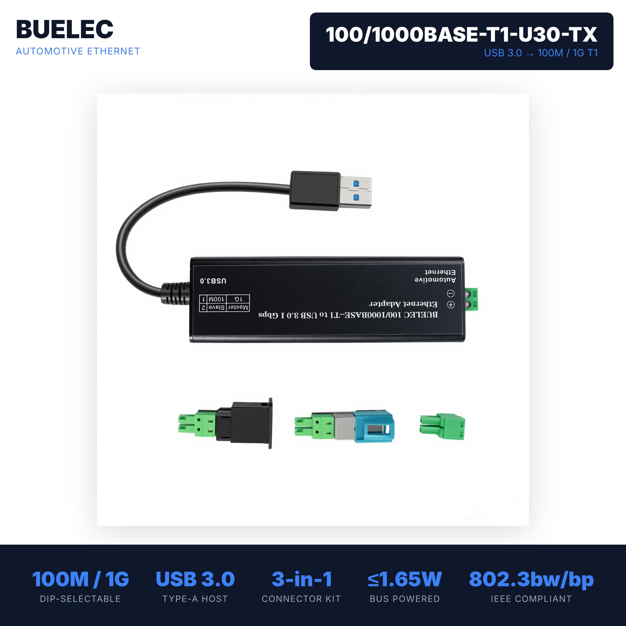 Adaptateur Ethernet USB 3.0 vers une seule paire automobile, 100/1000BASE-T1, alimenté par bus, avec adaptateurs MATEnet et HMTD, Plug and Play