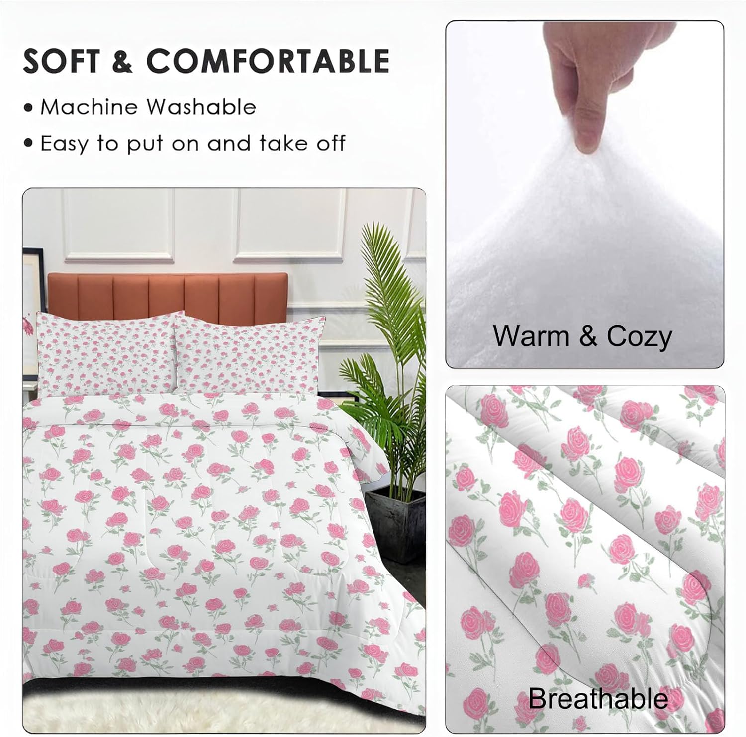Twin Comforter Set Light Pink Comforter Cute Rose Florals Bedding Sets 2 Pieces Lightweight Washable Bed Comforters 1 Soft Reversible Medieval Illustrations with Pillow Shams