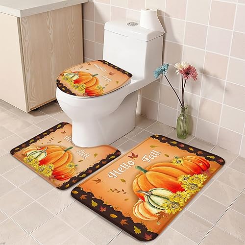 Juego de alfombras de baño de 3 piezas, diseño de acuarela de Acción de Gracias, calabaza, hojas de arce naranja, suave, antideslizante, absorbente,