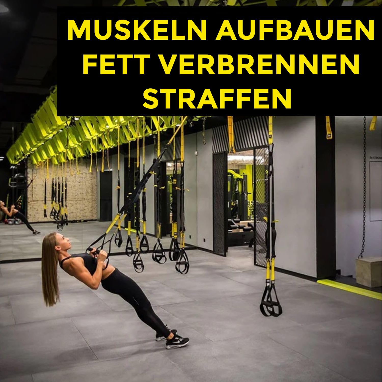 Komplett Set für Suspensionstraining mit schlingentrainer für zuhause (inkl. deckenhalterung), bauchroller bauchmuskeltrainer und Fitnessbänder set. Ab Roller, Gummibänder und sling trainer