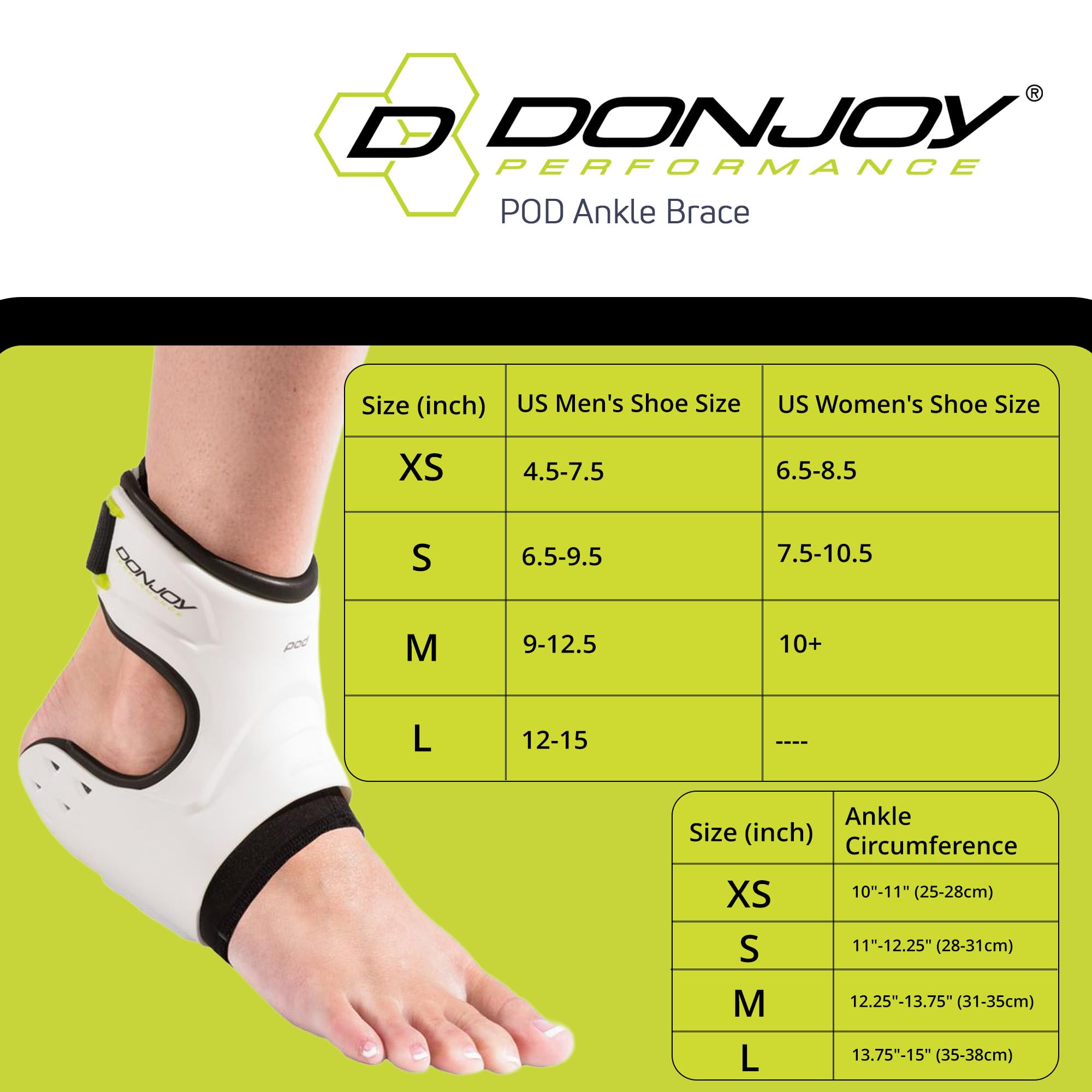 DonJoy Performance - Tobillera con soporte POD®, el mejor apoyo para conseguir estabilidad, para los esguinces de tobillo y torceduras provocadas por el fútbol americano, fútbol, baloncesto, lacrosse, voleibol - DP151AB05-WHT-XS-R, Pie derecho, XS, Blanco