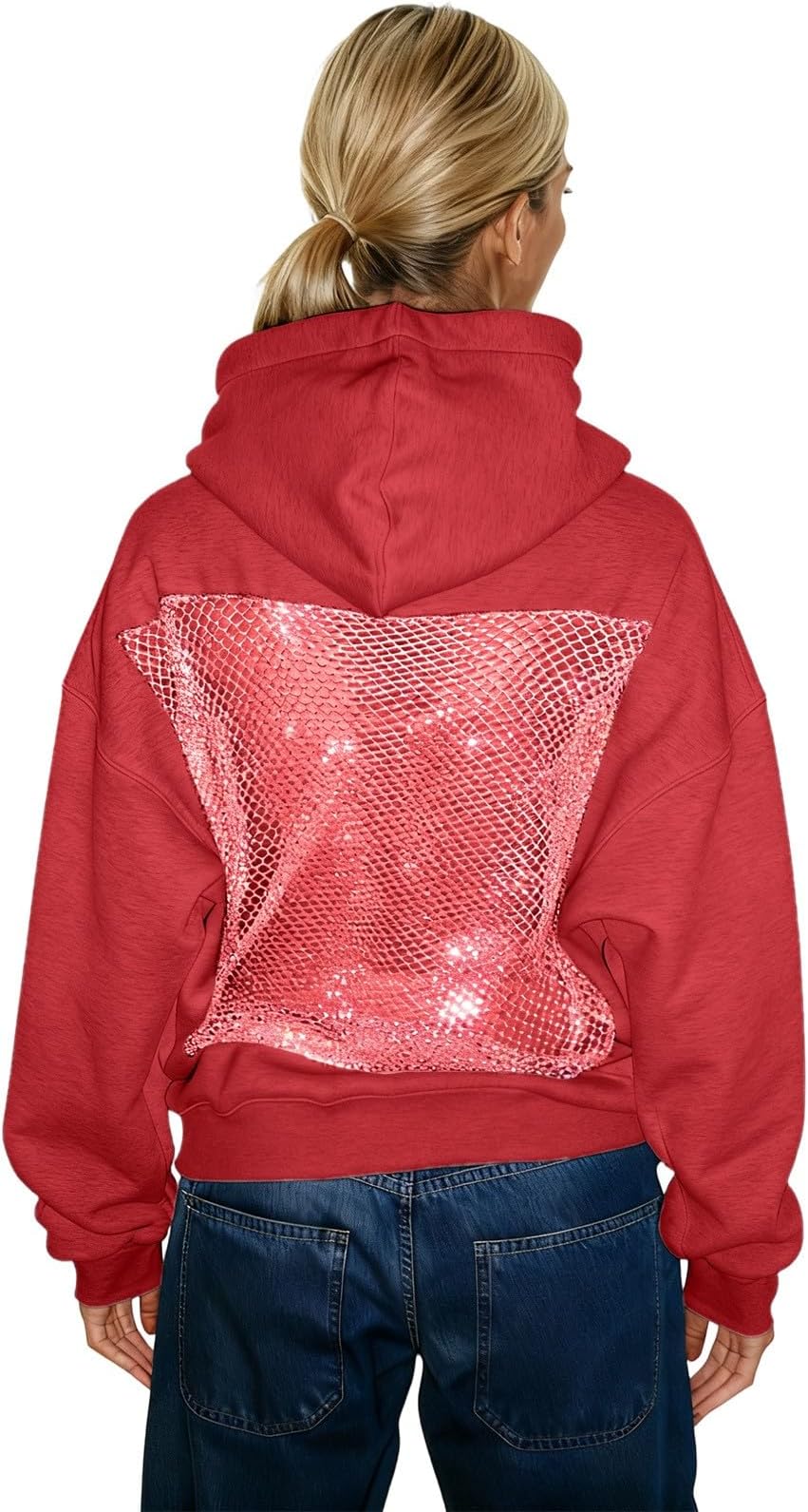 Hoodie, Hollow Mesh Back Women's Y2K Sexy See Through Long Sleeve Sweatshirt, Crystal Mesh Hoodie with Pocket, Thin Pullover, Aesthetic Sweater, Long Sleeve Shirt with Hood