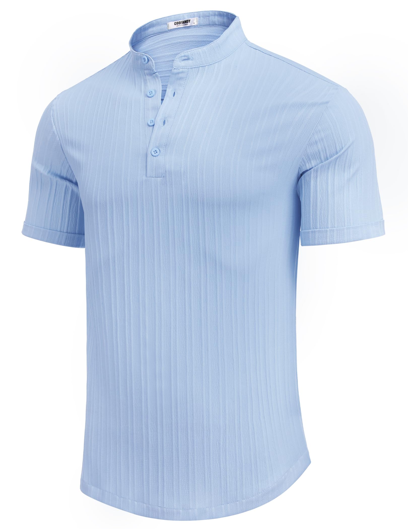 COOFANDYMens Casual Short Sleeve Shirts Henley Shirt Band Collar Summer Beach Textured Shirts Light Blue S