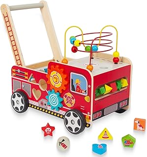 Wooden Baby Walker with Bead Maze for 1 Year Old and up, Wood Push Toy for 12 Month, Toddle Cart with Blocks
