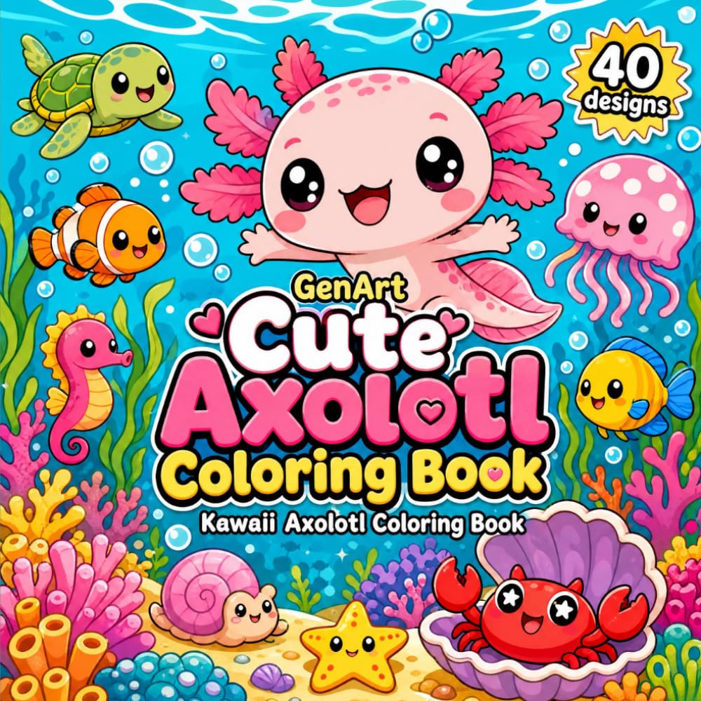 Cute Axolotl Coloring Book: Adorable Kawaii Axolotls & Marine Friends: 40 Cozy Coloring Pages for Kids and Axolotl Lovers