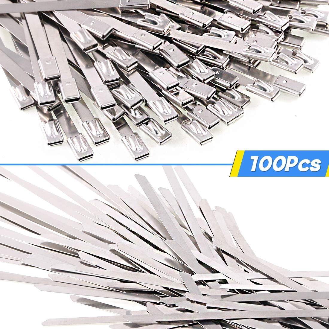 Glarks 100Pcs 3.9'' / 5.9'' / 7.9'' / 11.8'' Long 304 Stainless Steel Exhaust Strap Wrap Coated Locking Zip Cable Ties Set