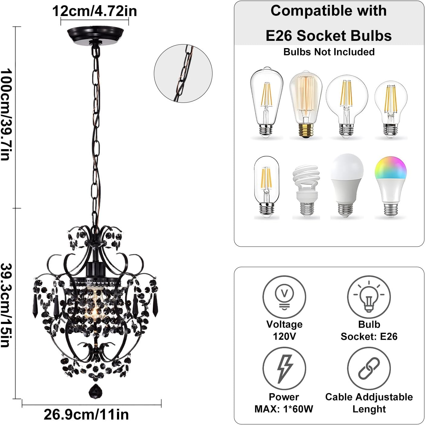 Black Chandelier Small Crystal Chandelier Lighting Modern Mini Hanging Light Fixtures with 1 Light