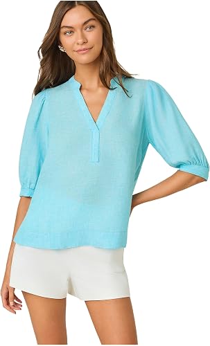 Lilly Pulitzer Womens, Mialeigh Elbow Sleeve Linen Top, Capri Blue X Resort Whit
