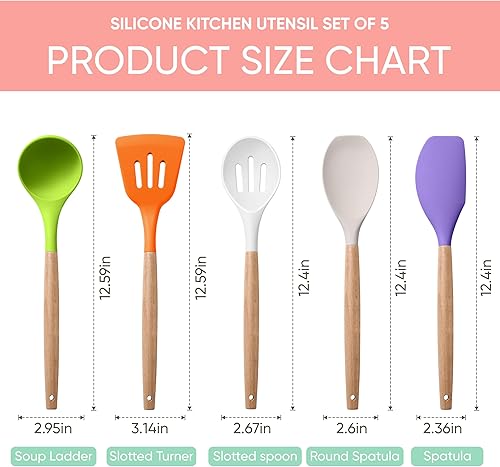 Miniatura 2 de Herogo Juego de utensilios de cocina de 5 piezas, juego de utensilios de cocina de silicona con mango de madera, herramientas de cocina resistentes