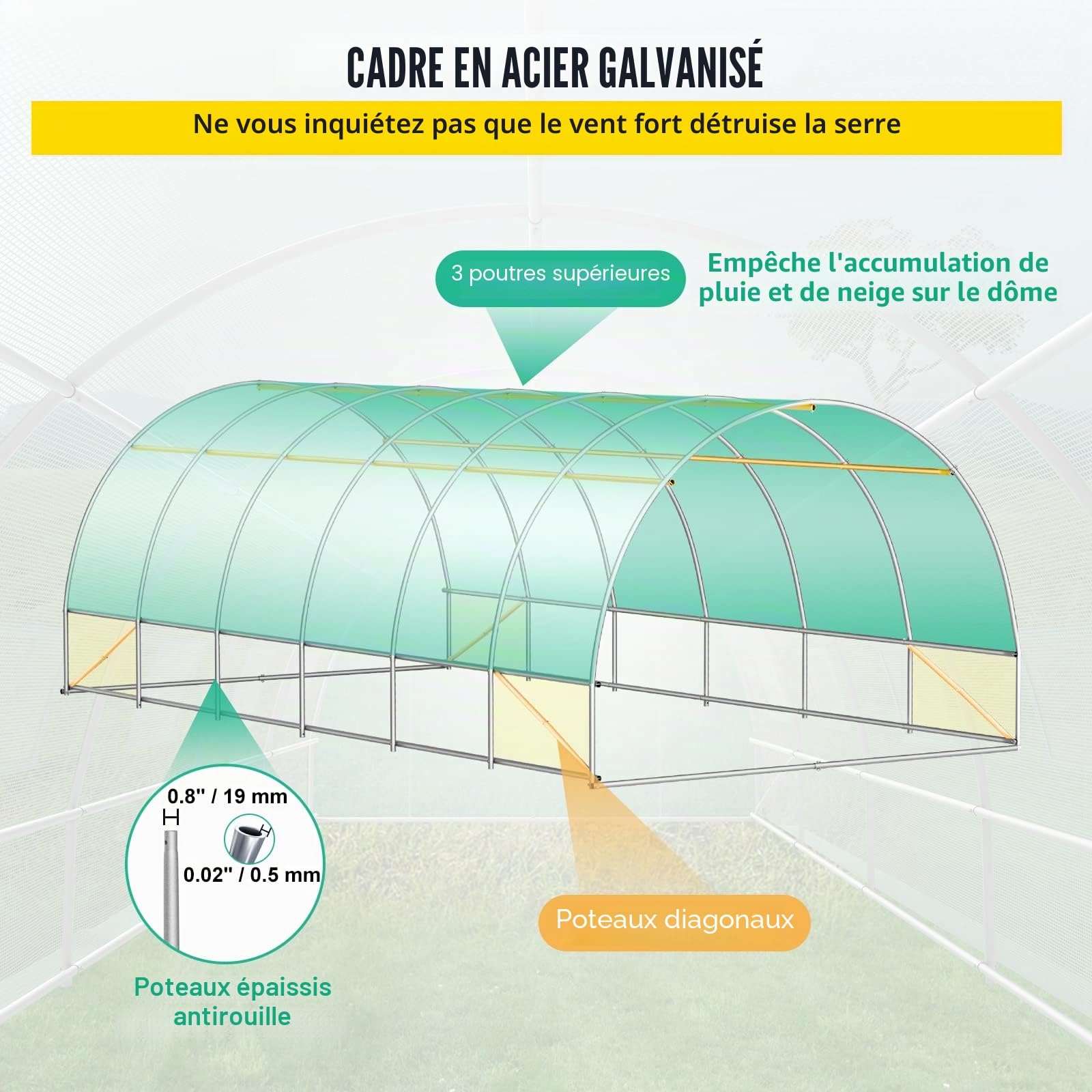 VEVOR Serre Tunnel Jardin 6,1x3x2,1 m Tente Abri Plantes Cadre en Acier Galvanisé Couverture Étanche PE 3 Poutres Supérieures 4 Poteaux Diagonaux 2 Portes 12 Fenêtres pour Cultiver Légumes Fleurs Vert