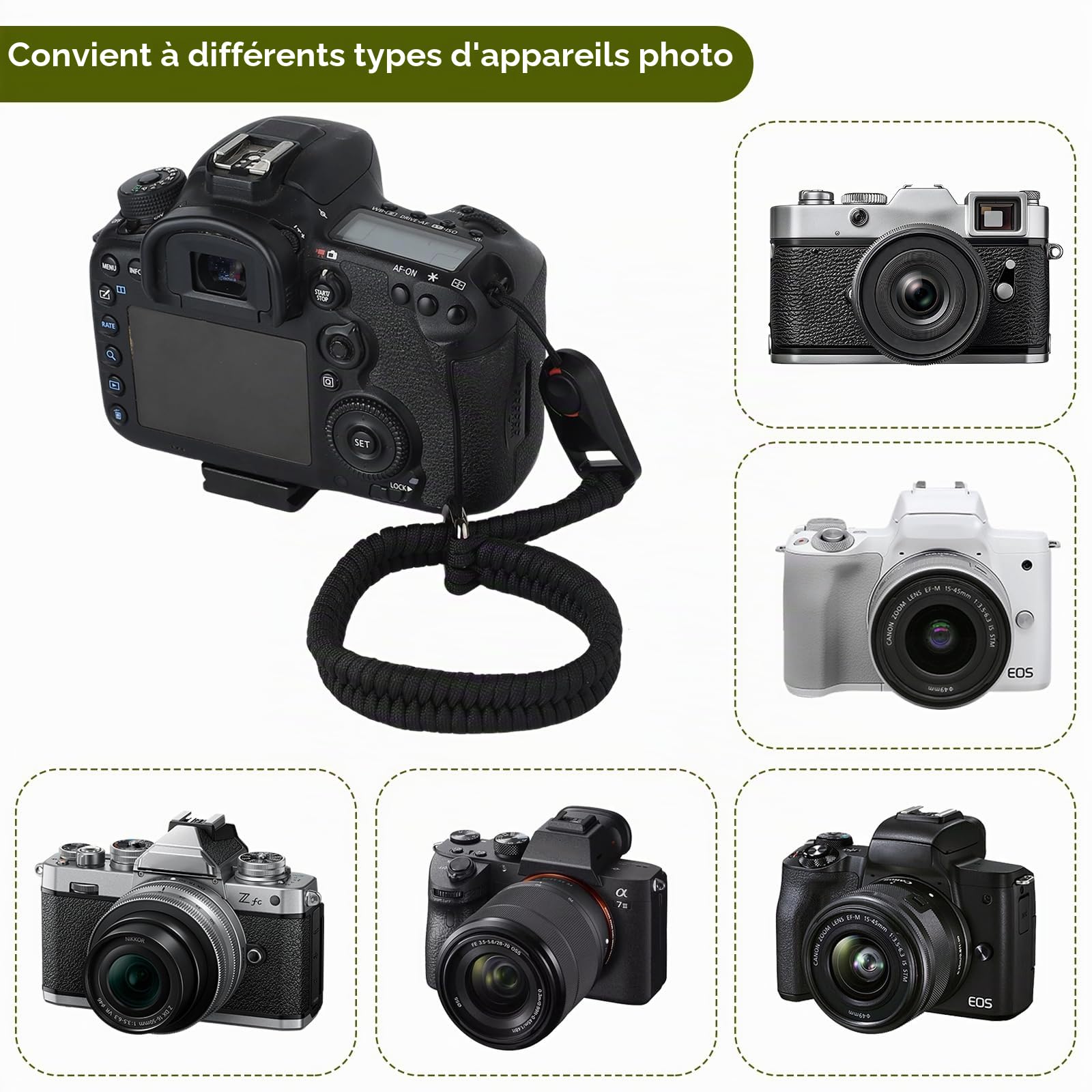 Lot de 2 sangles de poignet pour appareil photo reflex numérique, sangles de sécurité réglables en corde paracorde