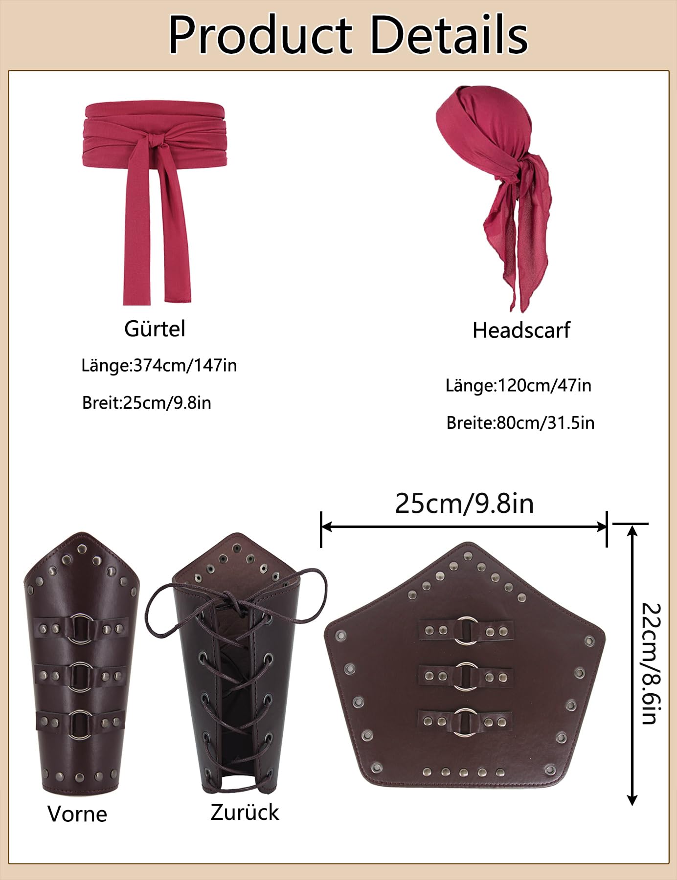 Mrsclaus Piratenkostüm Herren 8 Stück Mittelalter Kleidung Set Renaissance Viking Piraten Kostüm Hose Hemd mit Zubehör Augenklappe Kopftuch Gürtel Armschutz Goldohrring Kunstbart für Karneval