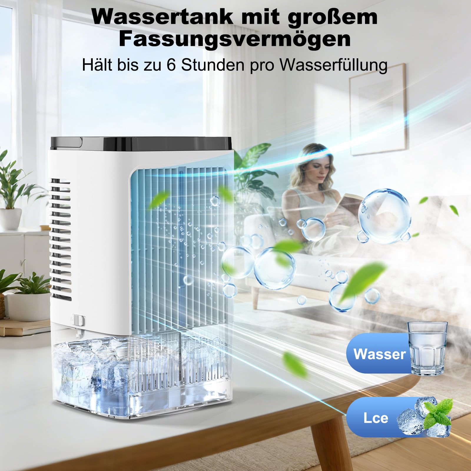 Klimaanlage Mobil, Mini Luftkühler, mit 2 Sprühstufen & 4 Geschwindigkeitsstufen, 1200ml Wassertank, 7 Farben Nachtlicht, 1-8 Stunden Timer, für Schlafzimmer und Büro (Cremeweiß)