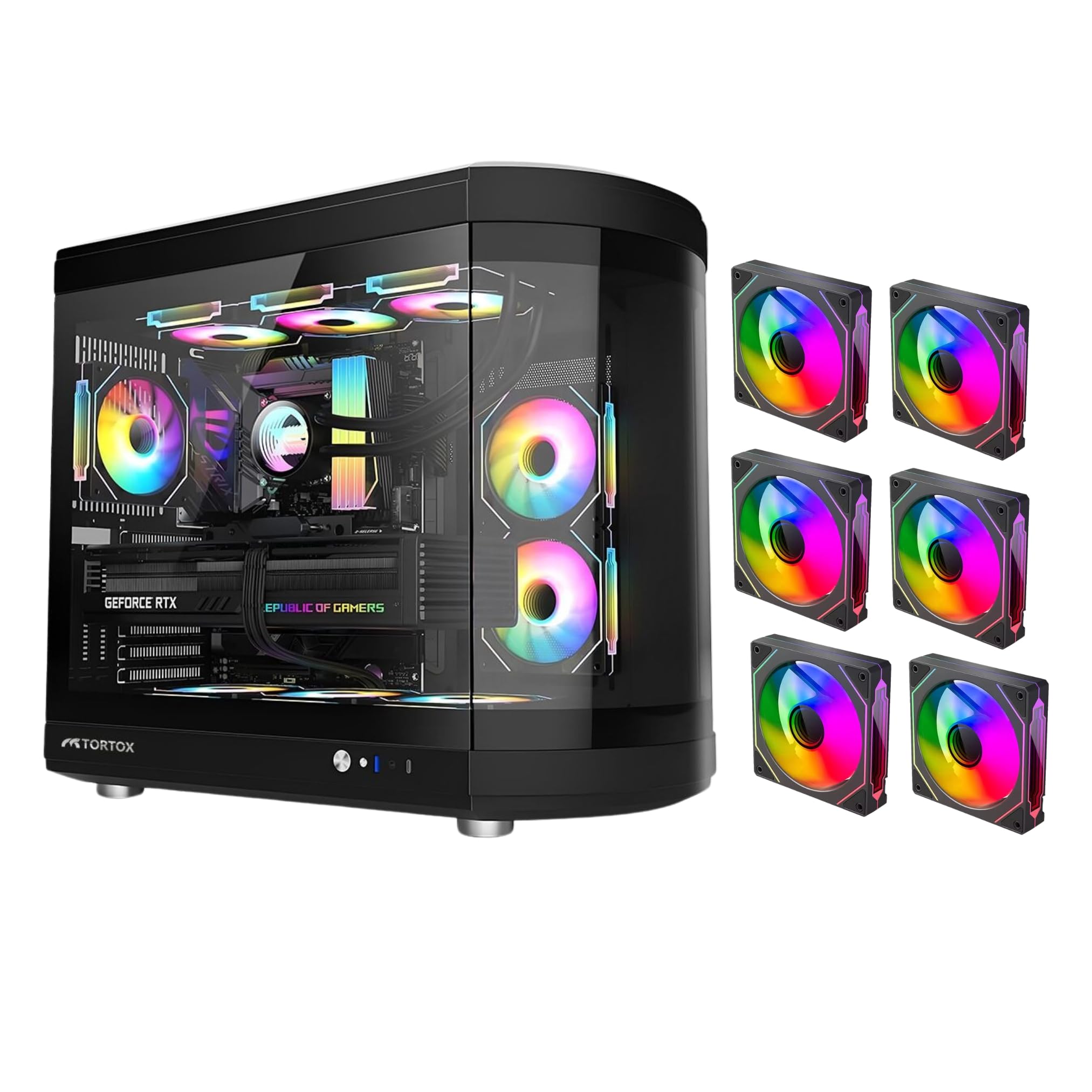 Tortox Vidrio Curved Tempered Glass ATX/M-ATX/Mini-ITX Gaming PC Case, 6 ARGB PWM Fans Pre-Installed, Type-C USB Port, 360mm Radiator Support, Excellent Airflow Gaming Case (Black)