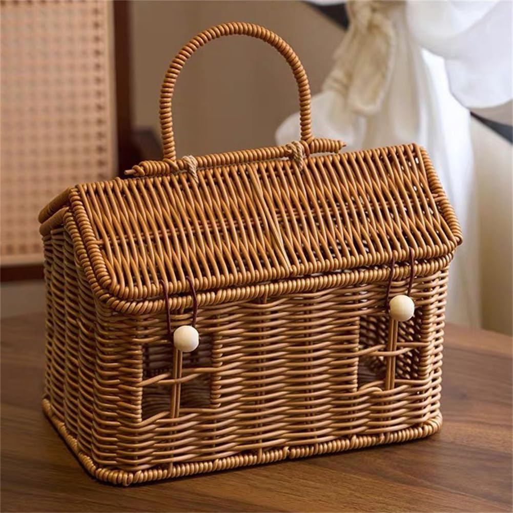 Rattan House Shaped Basket with Lid, Decorative Hand Woven Shelf Organizer with Folding Handle, Natural Harvest Wicker Basket for Picnics, Easter, Organizing, Storage