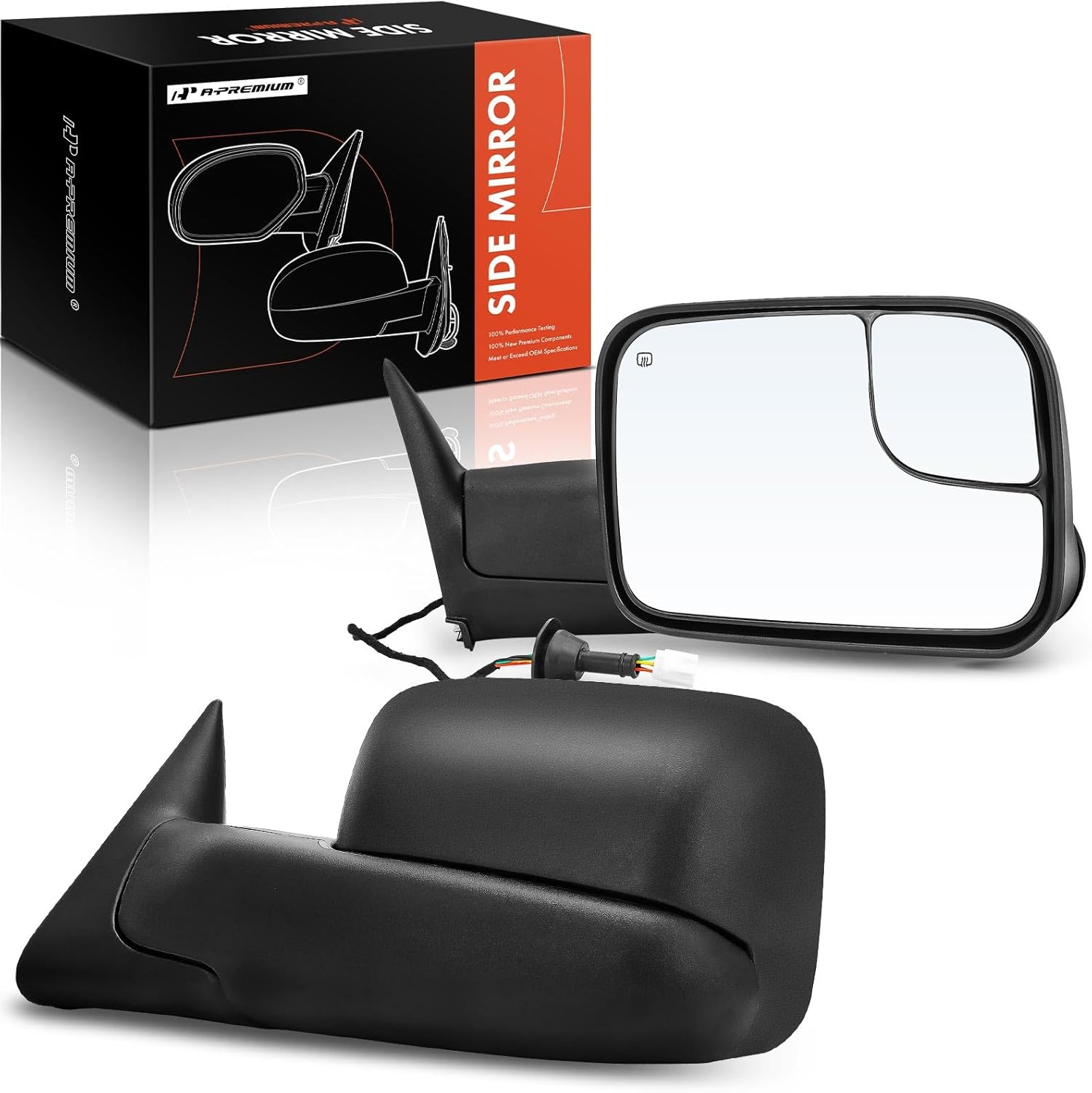 A-Premium Towing Mirrors Compatible with Dodge Ram 1500 1998-2001, Ram 2500 1998-2002, Ram 3500 1998-2002 - Manual Folding Heated Flip Black - with Power Glass - Pair Set
