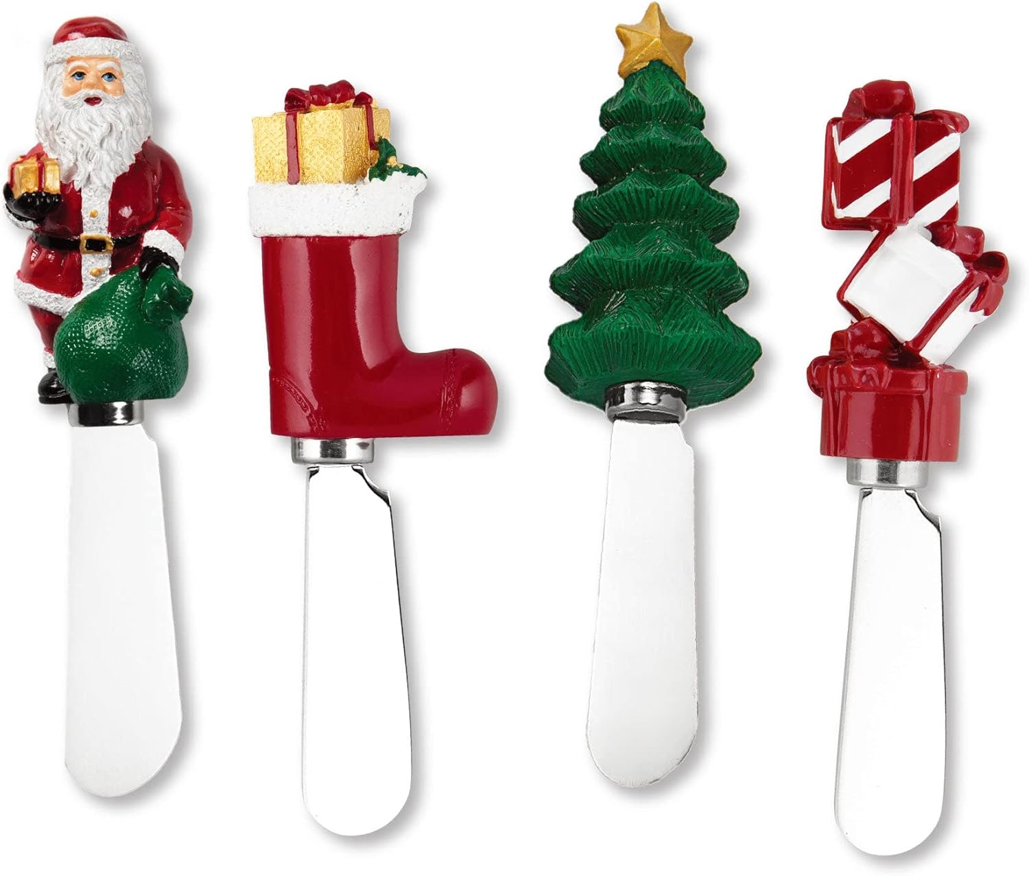 Wine Things Christmas Themed Cheese Spreaders, Hand-Painted Resin Handles with Stainless Steel Blades for Spreading Cream Cheese, Butter, and Jam, Assorted Designs, Set of 4