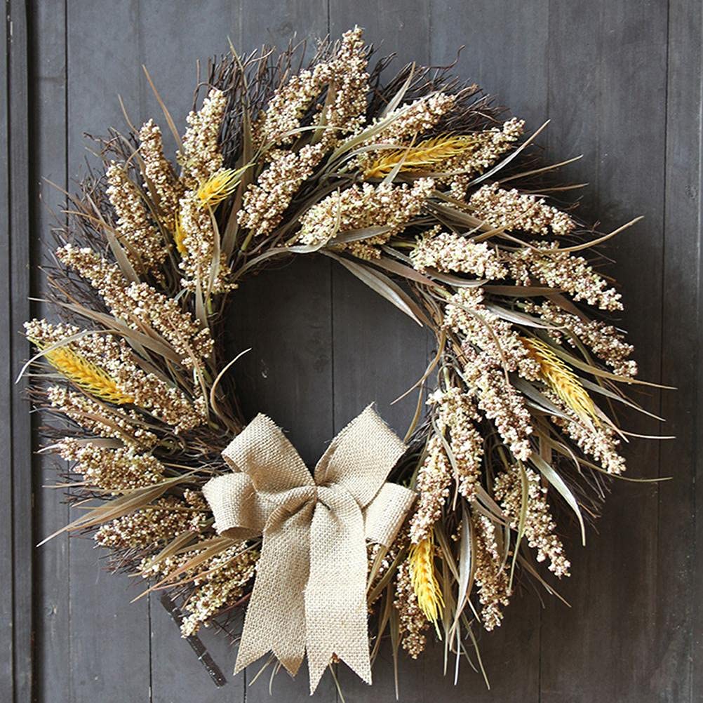 Couronne de blé artificiel - Couronne de céréales artificielles - Couronne de porte - Couronne murale - Décoration à suspendre - Pour fête, mariage, Thanksgiving - 50 cm