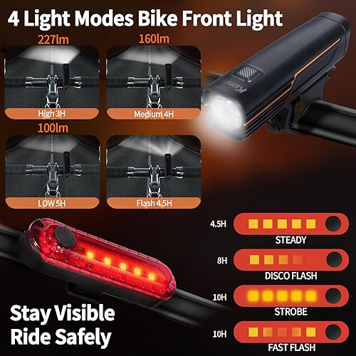 Miniatura 2 de KunHe 227 Lumens 1600mAh Bike Light Set (1or2or4 or 8 Packs) Rechargeable Front & Rear Bicycle Lights with IPX4 Waterproof 4 Modes for Night Cycling
