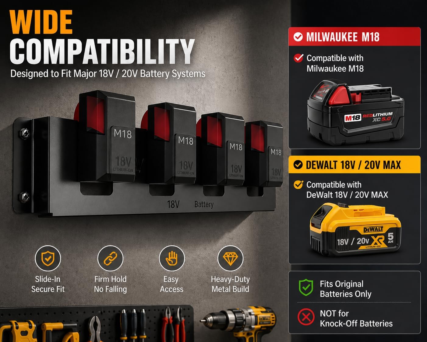 Metal Battery Holder for Milwaukee M18 & Dewalt 18V/20V,Durable Battery Wall Mount Rack for M18 18V Battery,Battery Storage with 4 Slots,Battery Mount Organizer,Black,Patented Design!!!