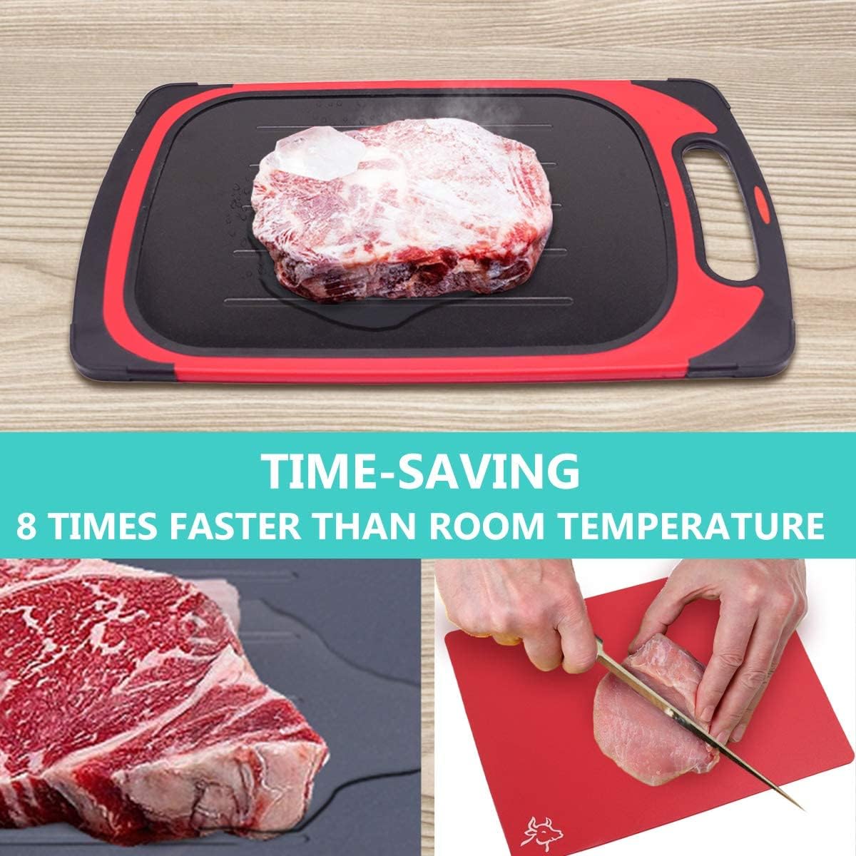 GEMITTO 2 in 1 Defrosting Tray/Cutting Board, Thawing Plate Chopping Board for Faster Defrosting Frozen Food or Chopping Food, Heavy Duty Material, Multifunctional Kitchen Utensils (Red)