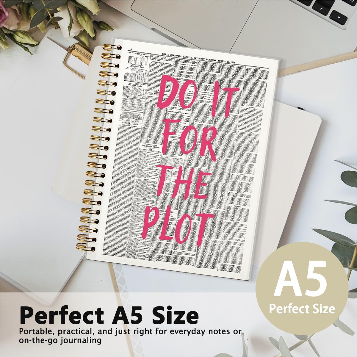 Trendy Positive Affirming Notebook Journal, Do It for The Plot Spiral Notebook, Retro Newspaper Aesthetic Hardcover Notebook Spiral Bound Writing Journals for Schools Classrooms 5.5x8.3 image 2