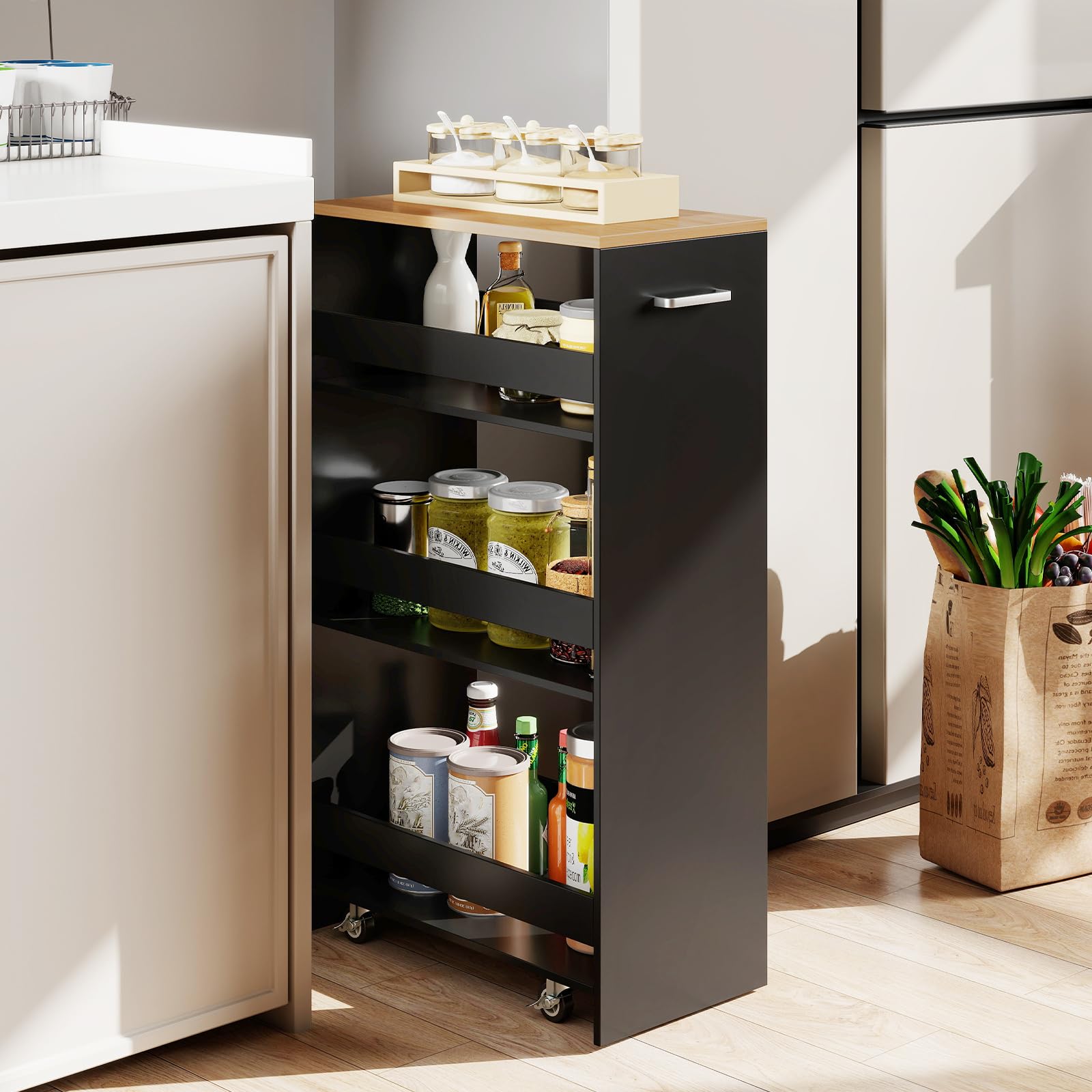 COSTWAY Chariot de Rangement Fin 25 cm, Desserte à 4 Niveaux avec roulettes, Étagère de Cuisine avec Poignée Latérale et Roues Universelles avec Freins, Design Étroit, Noir + Naturel