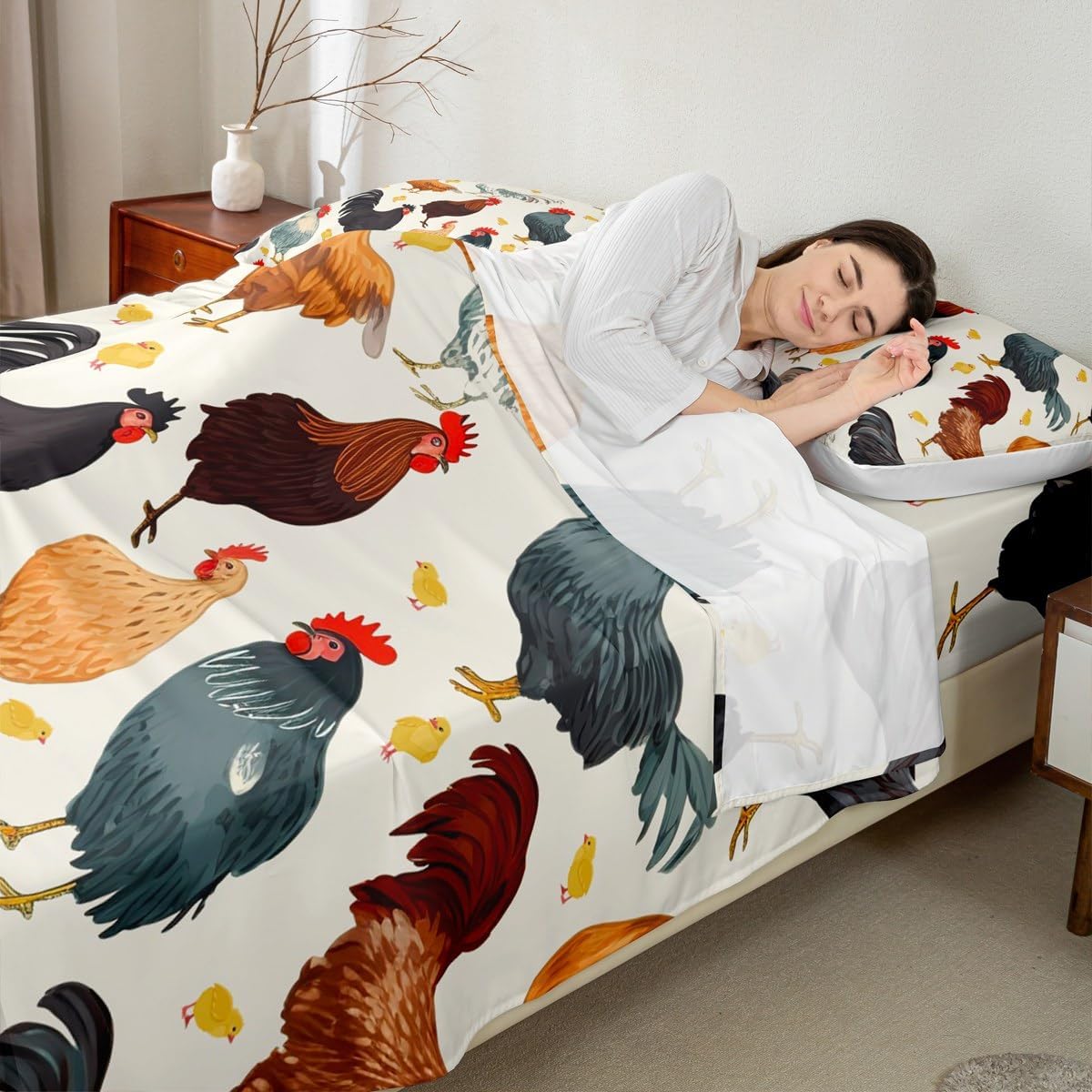 Castle Fairy Farmhouse Style Bed Sheet Set 4 Piece,Cute Chickens Livestock Sheets Full Size Bed Set,Rustic Animal Theme Bedding Set with Flat,Fitted Sheet,2 Pillow Cases